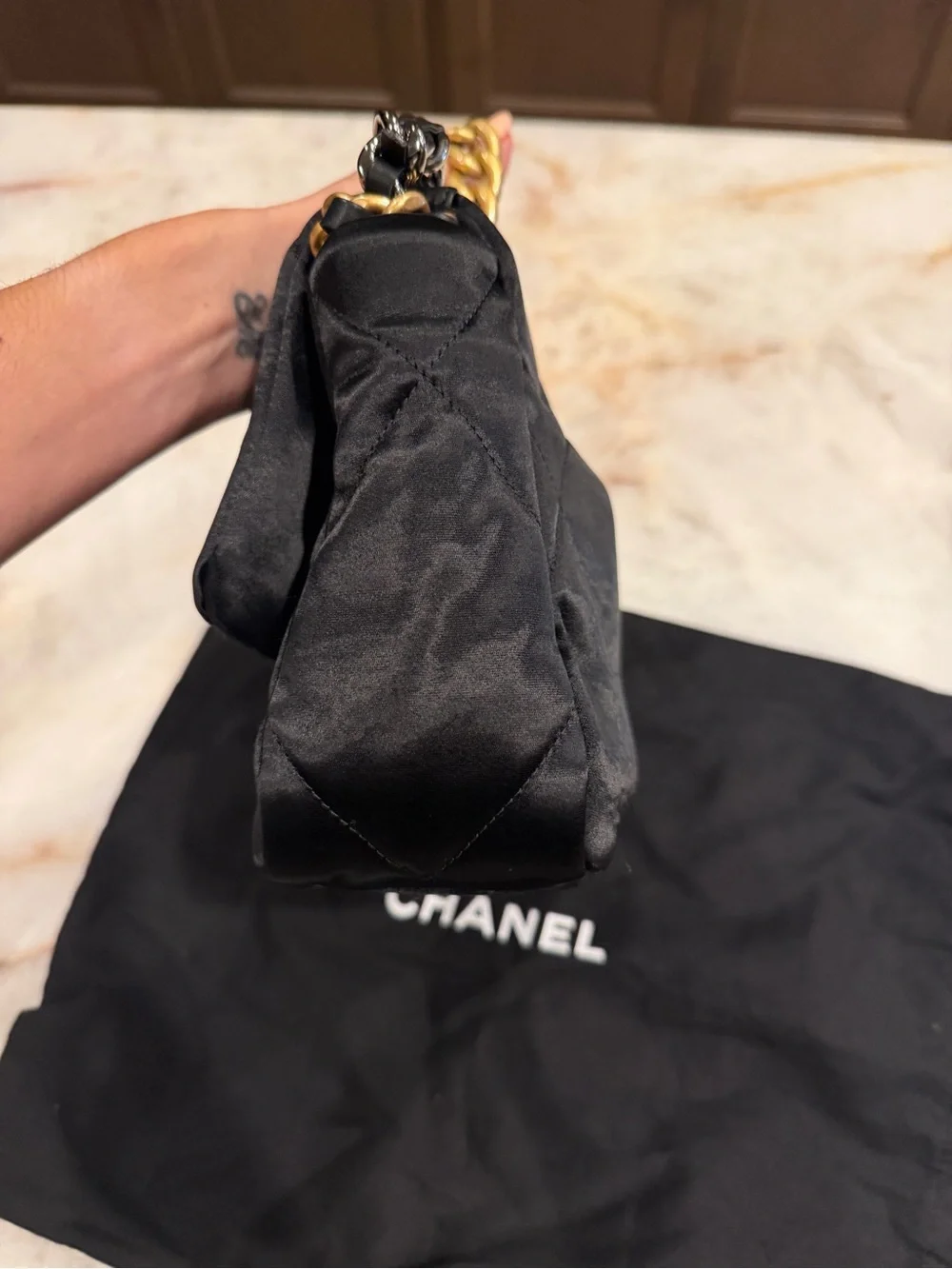 Chanel 19 - medium, satin Black, mixed hardware.